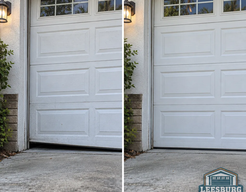 Technician adjusting horizontal garage door track angle and tightening brackets