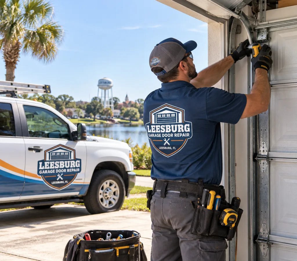 Technician servicing a residential garage door in a Leesburg driveway
