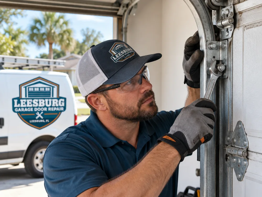 Technician checking worn garage door tracks and rollers for alignment