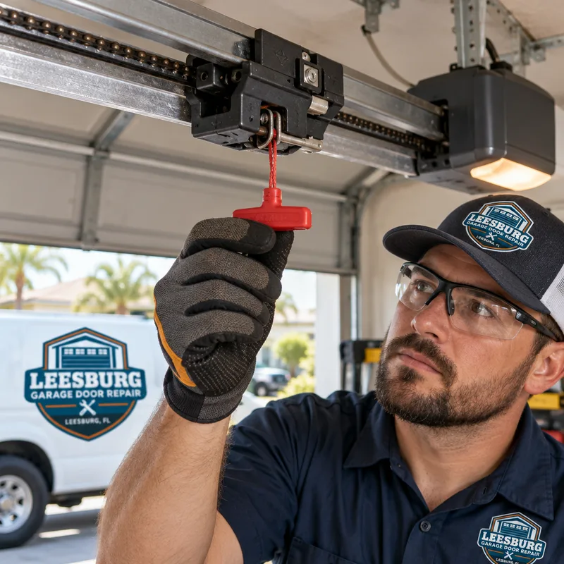Garage door opener rail and trolley with the emergency release engaged