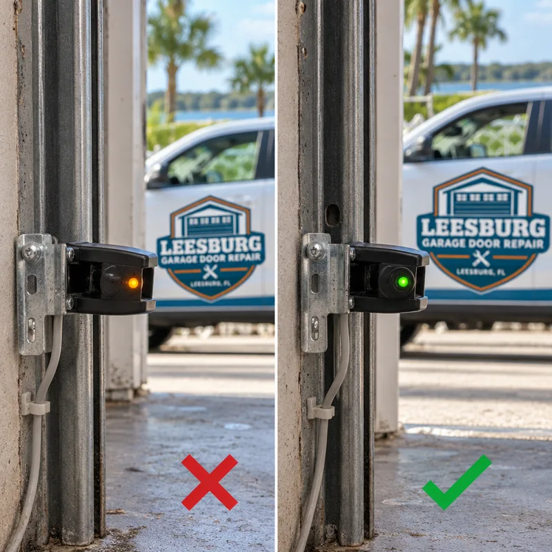 Garage door photo-eye sensor shown misaligned and correctly aligned