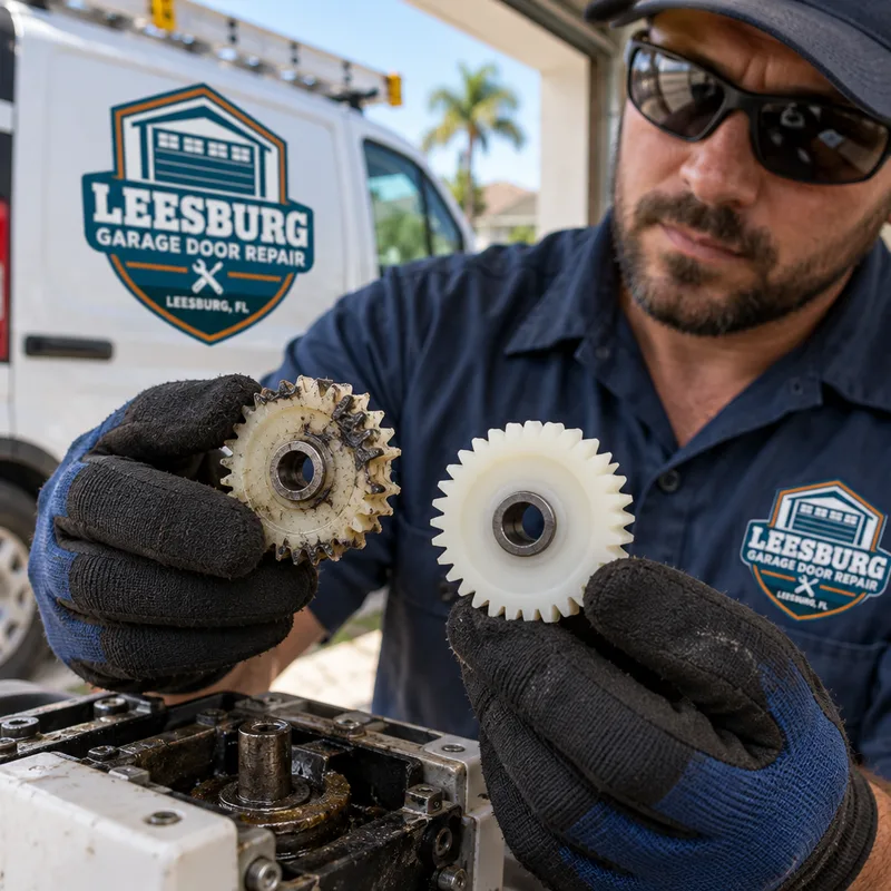 Worn nylon garage door opener drive gear beside a new replacement gear