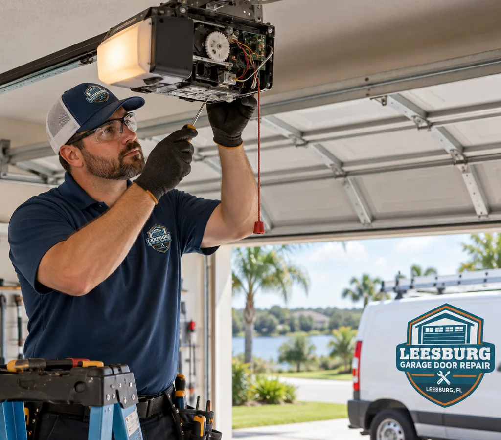 Technician diagnosing a ceiling-mounted garage door opener with its cover removed