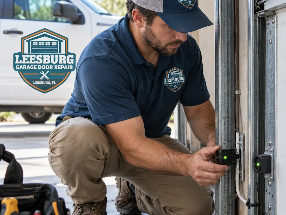 Aligned garage door safety sensors with clean wiring and visible indicator lights