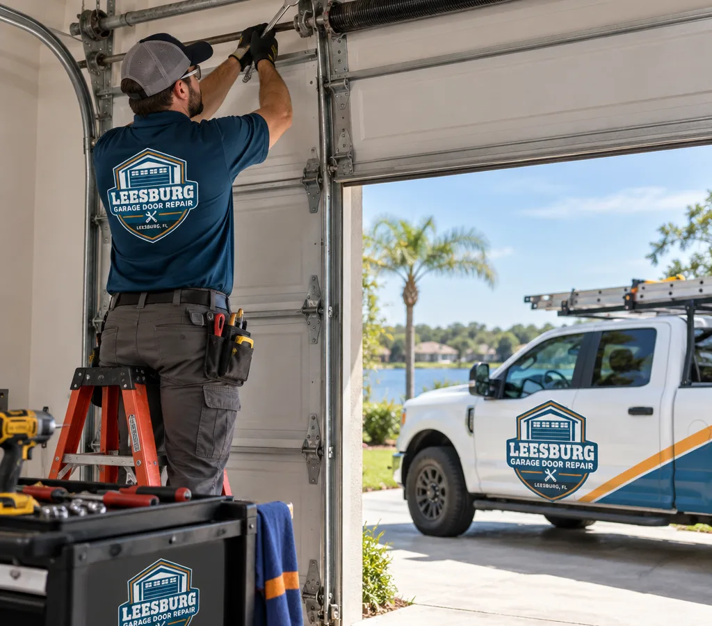 Technician working safely on a residential garage door torsion spring assembly
