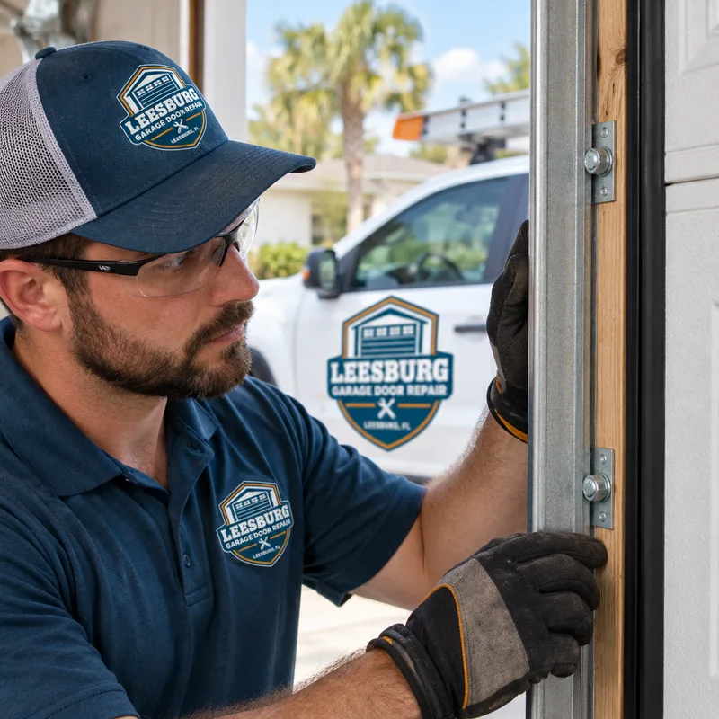 Straight vertical garage door track securely fastened into framing beside a snug jamb seal