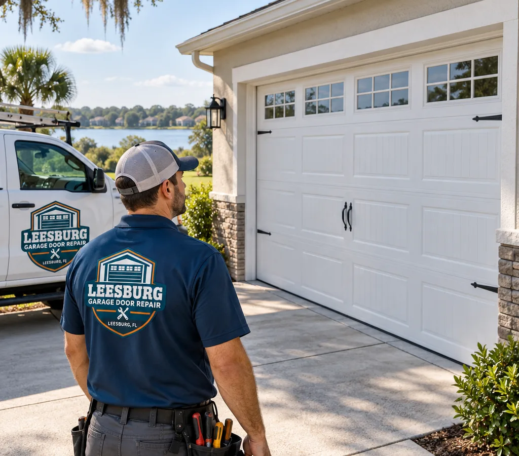 Newly installed residential garage door square in the opening of a Leesburg-area home