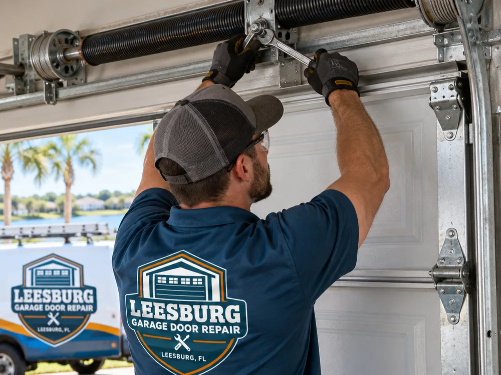 Torsion spring, bearing plate, cable drums, and straight track above a newly installed garage door