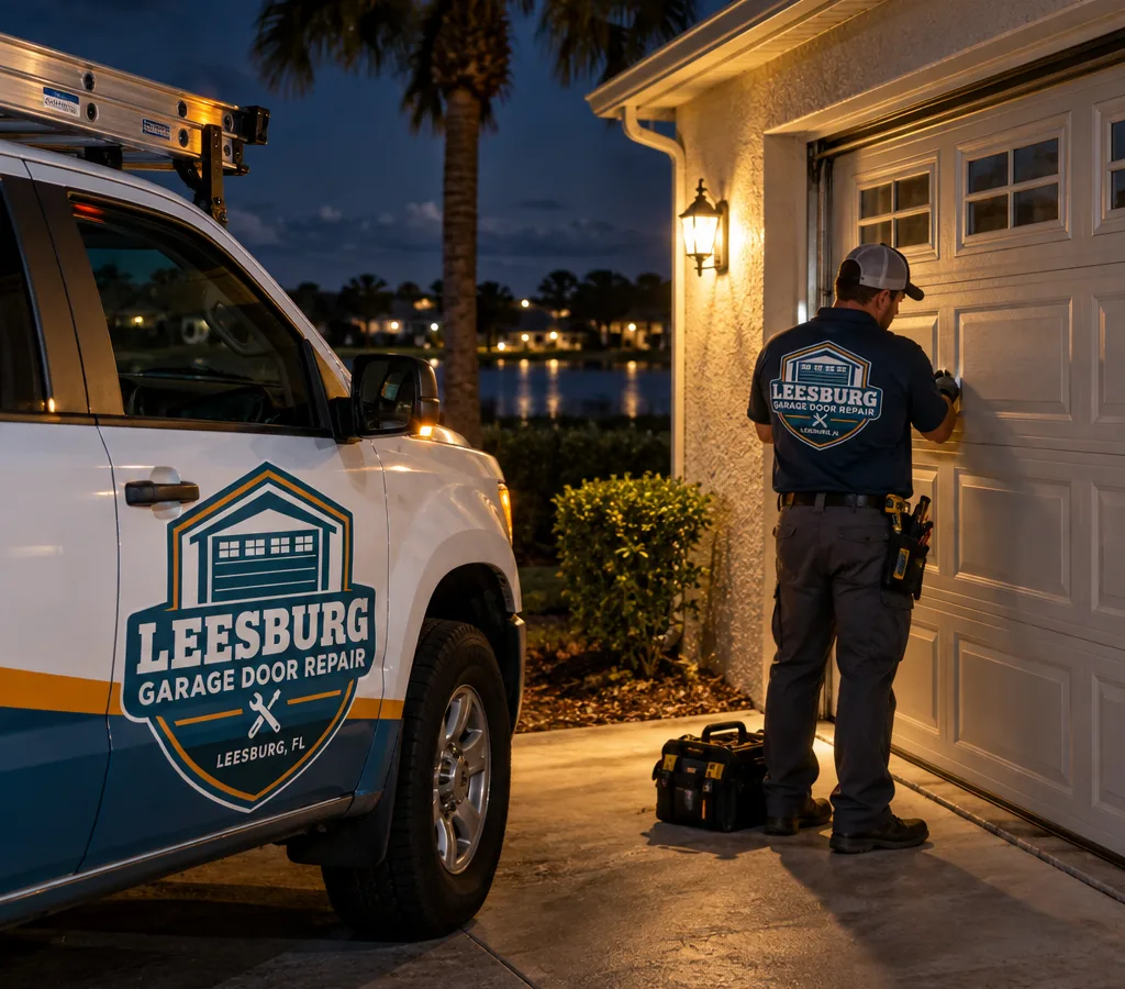Residential garage door in low light with a service truck parked nearby