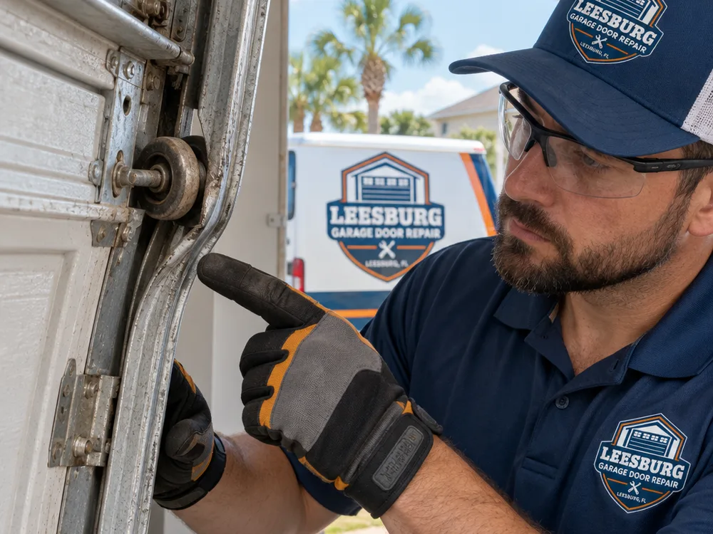 Technician inspecting an off-track garage door roller and bent track