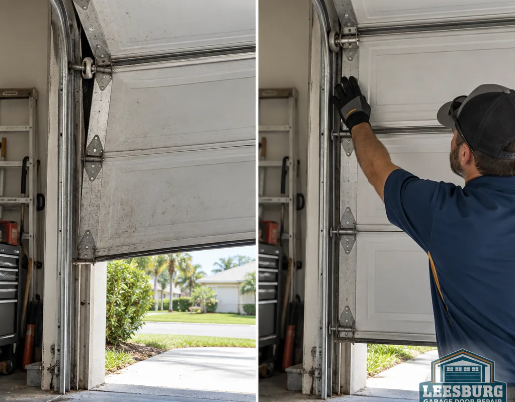 Before and after view of a crooked garage door with a roller out of its track and the same door level after realignment