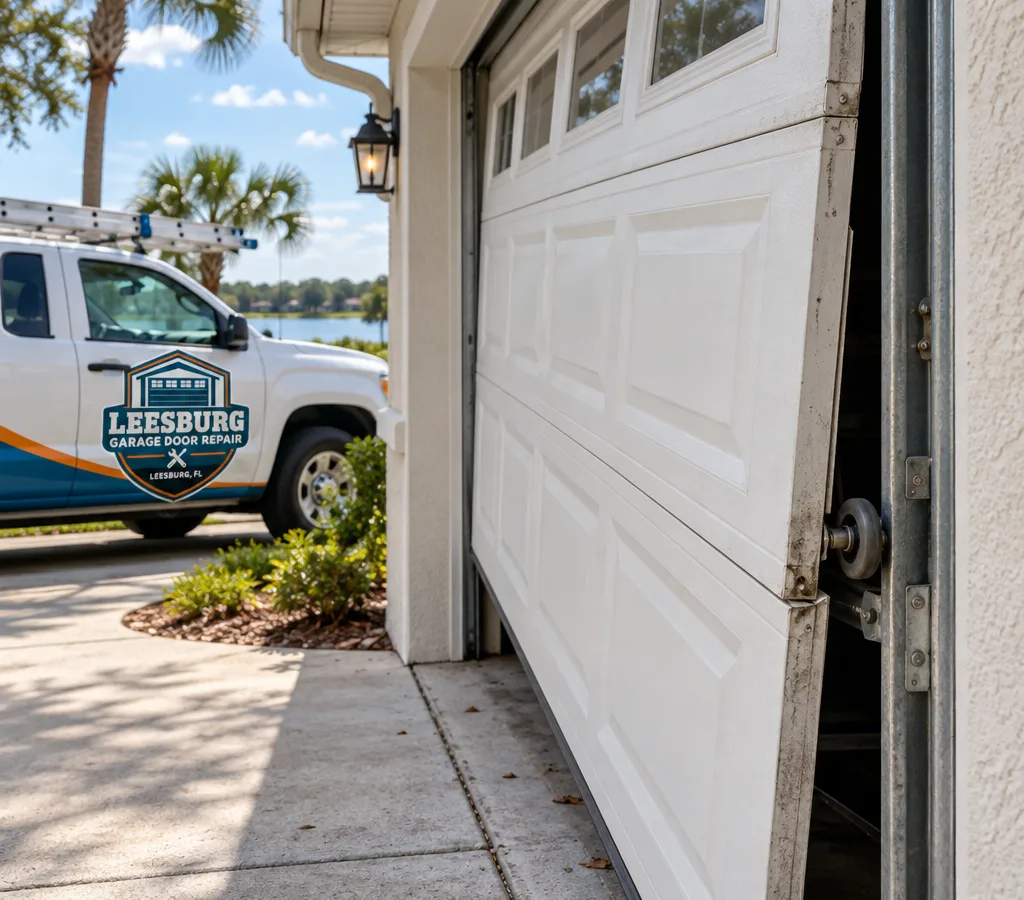 Residential sectional garage door visibly misaligned with a roller near the edge of the track