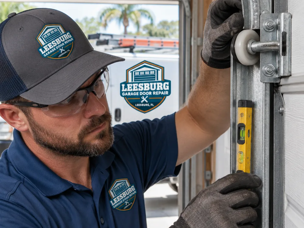 Close-up of a garage door track and nylon roller assembly being checked for correct spacing and alignment